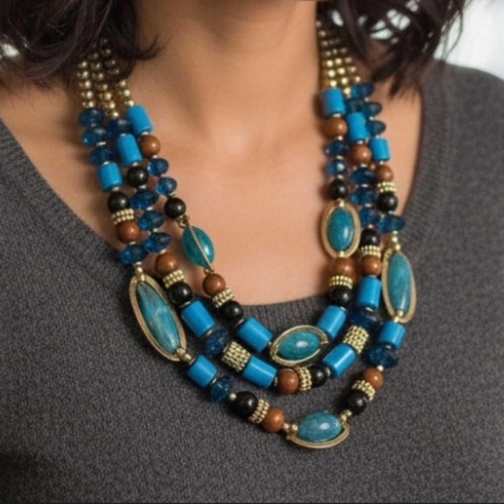Chunky Blue Teal Multi-Strand Statement Necklace … - image 1
